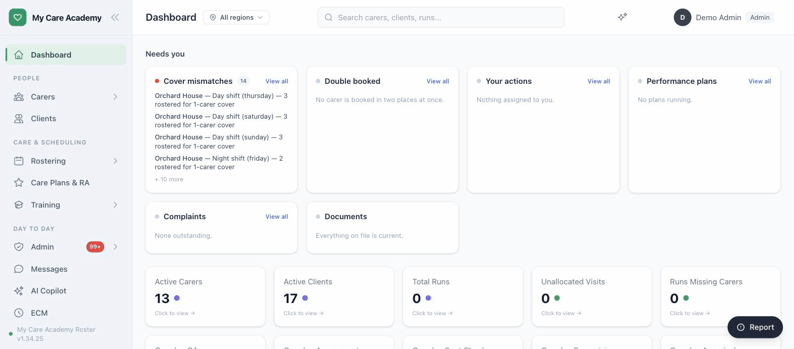 The Rostering dashboard: cover mismatches, double bookings and actions